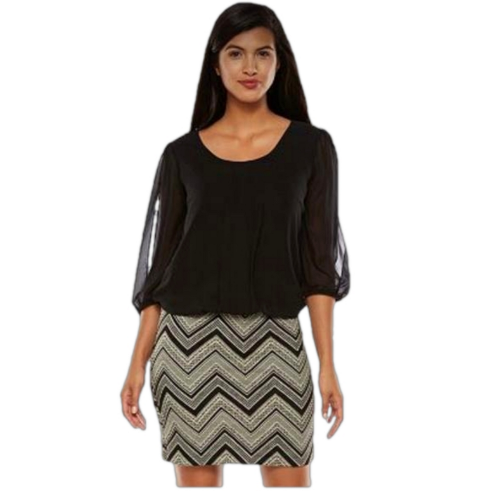 AB Studio Black Mixed-Media Block Party Chevron Dress sz.M New Fitted Bottom